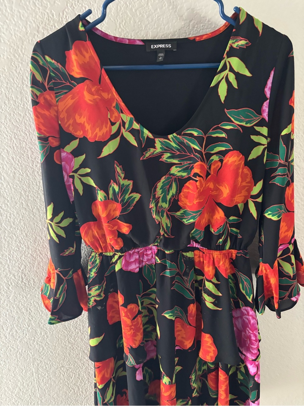 Express Black V-Neck Floral Midi Dress with Orange & Pink Blooms